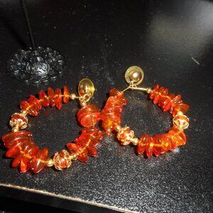 EARRINGS - 1 pair - amber and gold - hoops